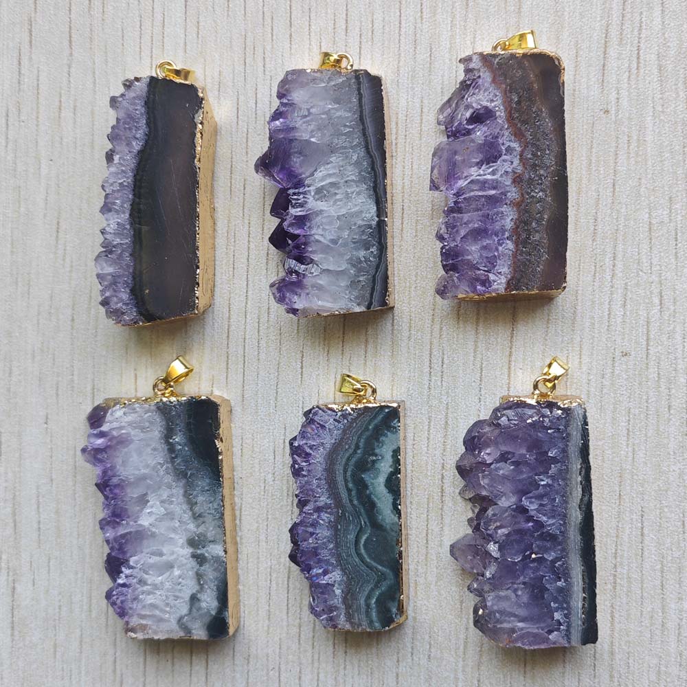 Beautiful Natural amethyst stone Slice Druzys Energy Healing  irregular Rectangle pendants for jewelry making Wholesale 6pcs/lot