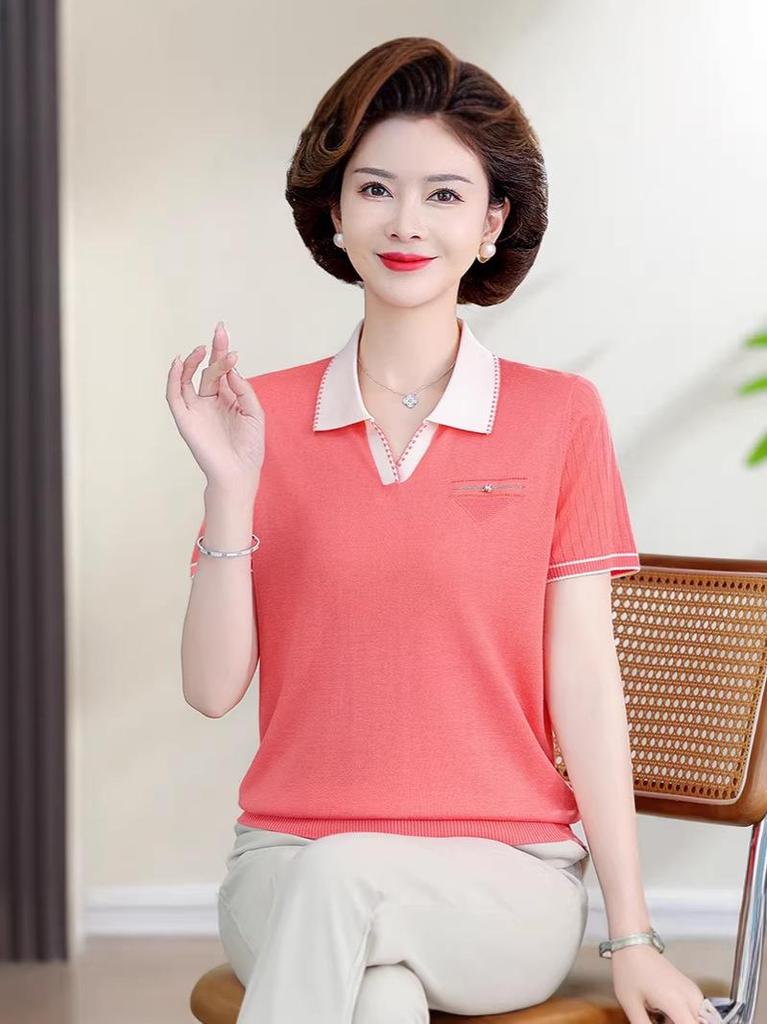 Stylish Embroidered Ice Silk Polo Shirt: Women's Color Block Short Sleeve Summer Tee