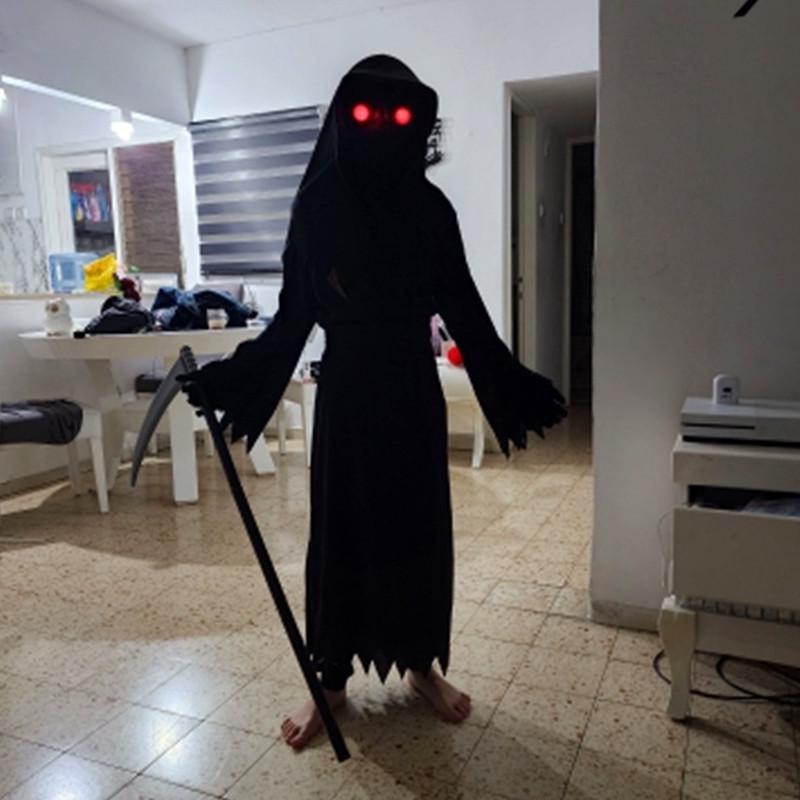 Kids' Luminous Red-Eyed Grim Reaper Halloween Costume Set with Scythe