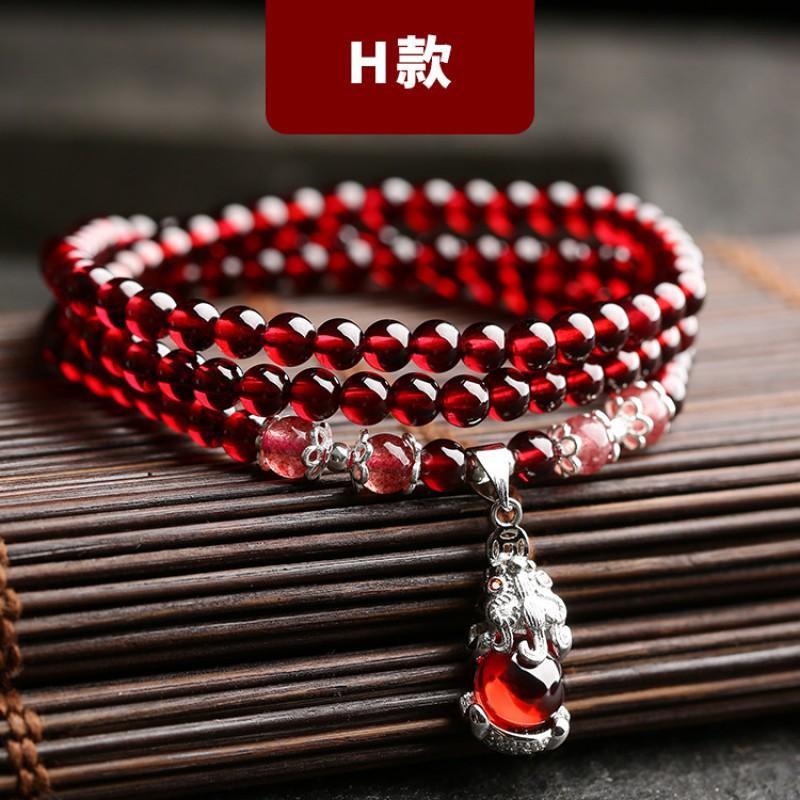 Natural Garnet Stone Bracelet Women Ethnic Style Handmade Crystal Jewelry Bohemian Three-Row Beaded Wrap