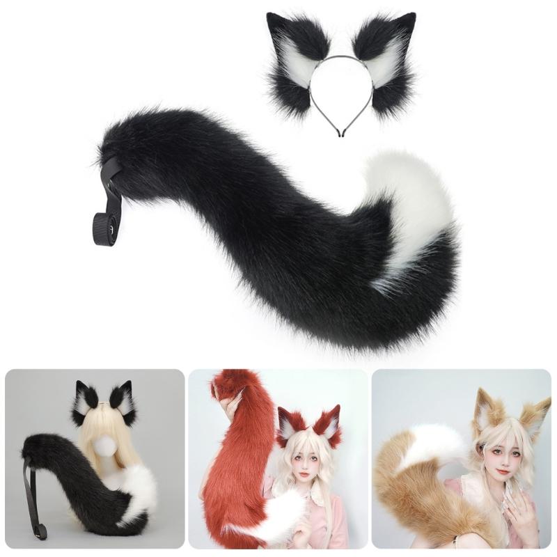 Wolf Foxes Tail Foxes Ears Headband Faux Furs Animal Tail Halloween Christmas Fancy Party Costume Gift for Women Men