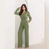 2024 Autumn European & American Solid Color Lapel Waist-Tie Top and High-Waisted Wide-Leg Pant Set