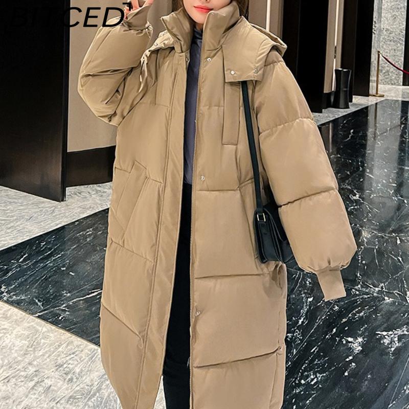 BITCED Women's Long Winter Coat - Knee-Length, Loose-Fit Down Jacket, Thickened Cotton-Padded Coat