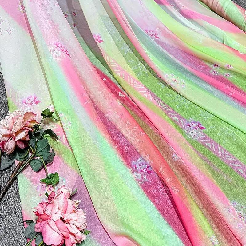 Gradient Color Chiffon Fabric Diy Rainbow Christmas Flowers Print for Hanfu Dress Skirt Shirt Sewing Cloth Sold By The Meter