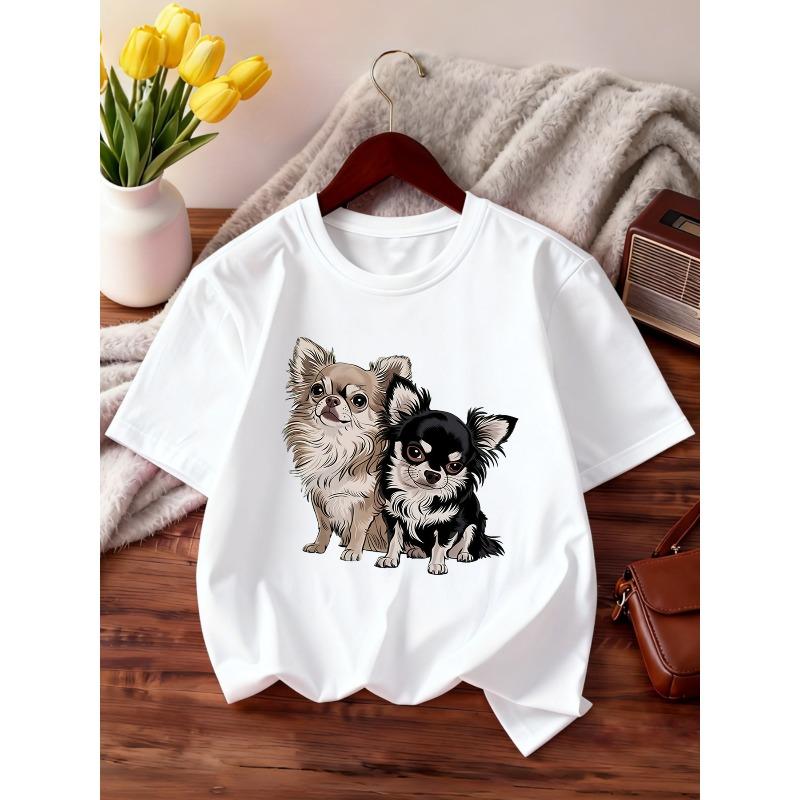 European Sizes Fashion Round Neck Short Sleeve, Suitable for Summer Girls' T-Shirt Print with Chihuahua Black And White Cartoon Pattern
