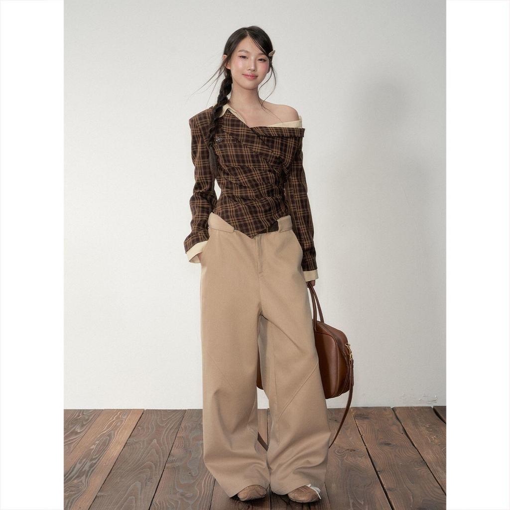 Herbst Schulterfreies Karriertes Langarmhemd für Damen, Tailliert, Schlankmachend, Wunderschönes Design