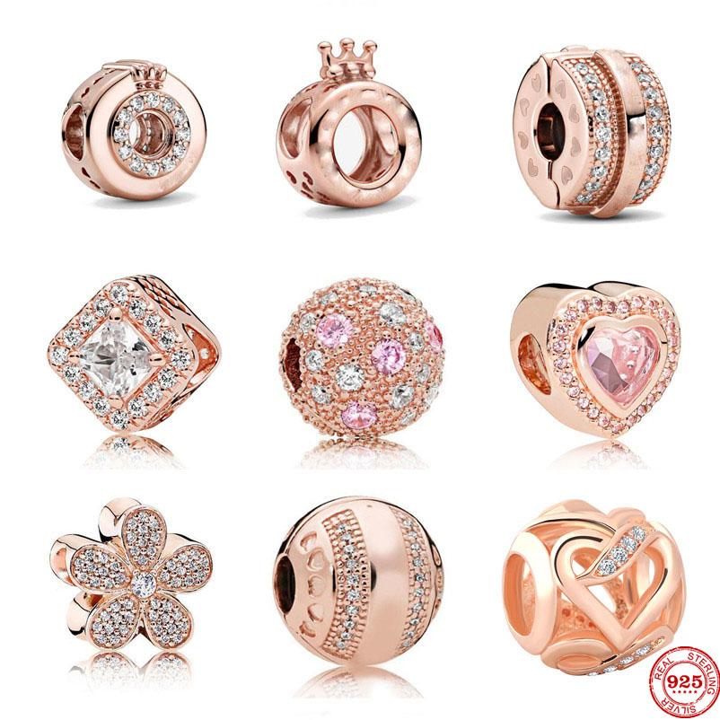 Nové Pave Daisy Růžové srdce Crown Kulatý klip Bezpečnostní Diy Jemné korálky Fit Original Charms Stříbrný 925 náramek Šperky Dámské