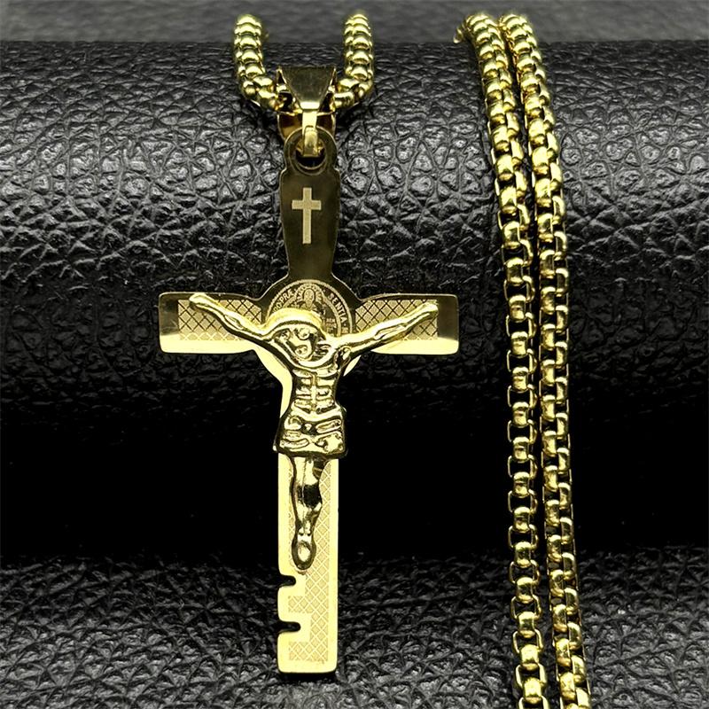 Katholischer Heiliger Benedikt Cspb Kreuz Anhänger Halskette für Frauen Männer Edelstahl Goldfarbe Jesus Kruzifix Kette Schmuck Geschenk