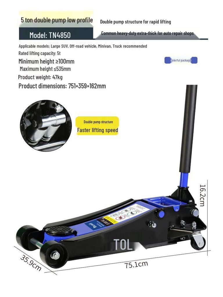 Horizontal Hydraulic Jack for Auto Repair: 3, 4, 5 Ton Capacity - Ideal for Small Cars, Trucks, and Tire Changes.
