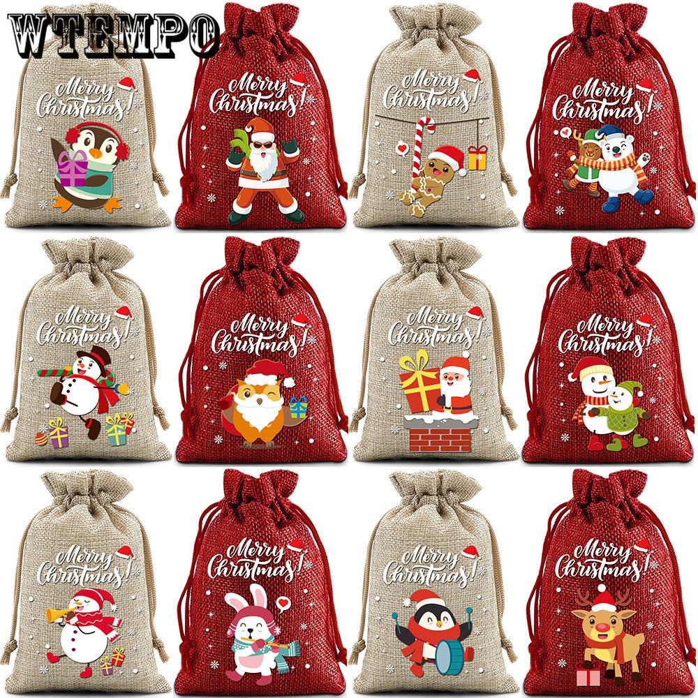 12pcs Christmas Linen Drawstring Bag Drawstring Bag Gift Bag Cloth Bag Christmas Gift Bag Set Drawstring Bag