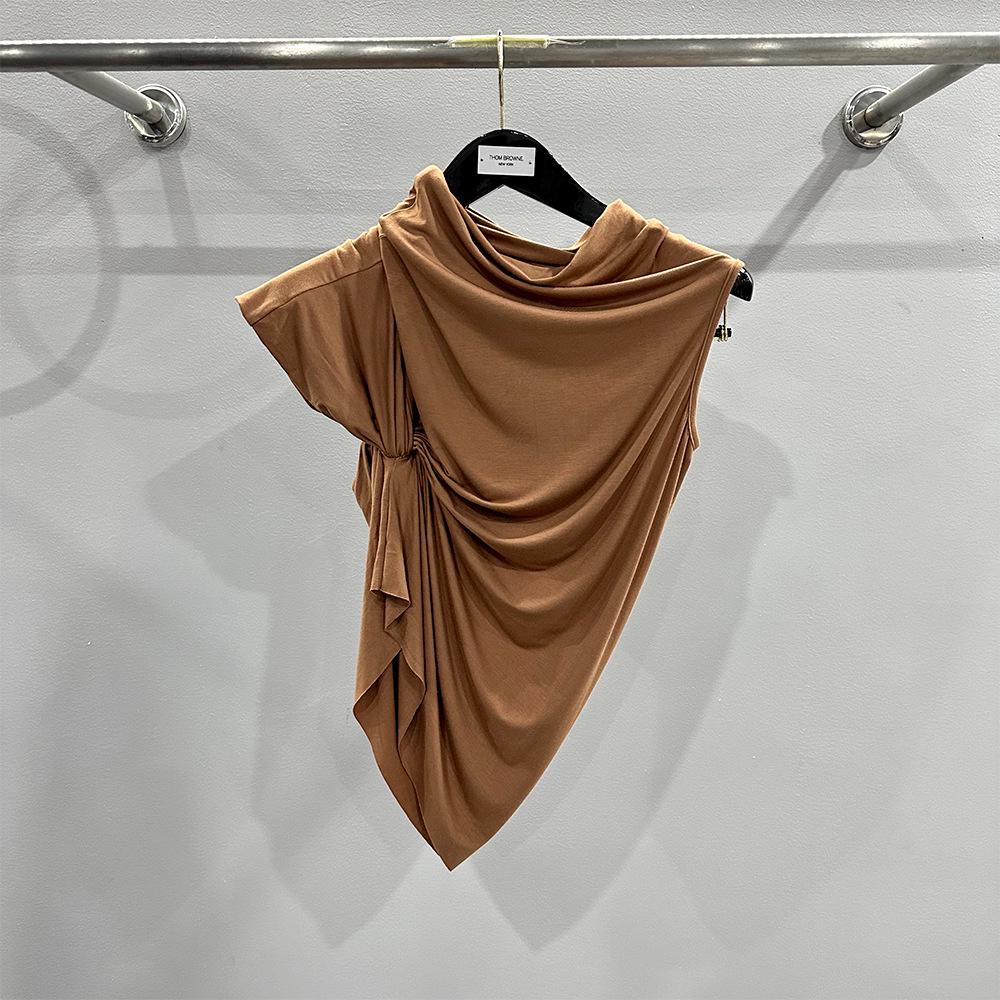 SUBHUMAN Women's European & American Style | Orange Irregular Pleated High Collar One-Shoulder Knit Top