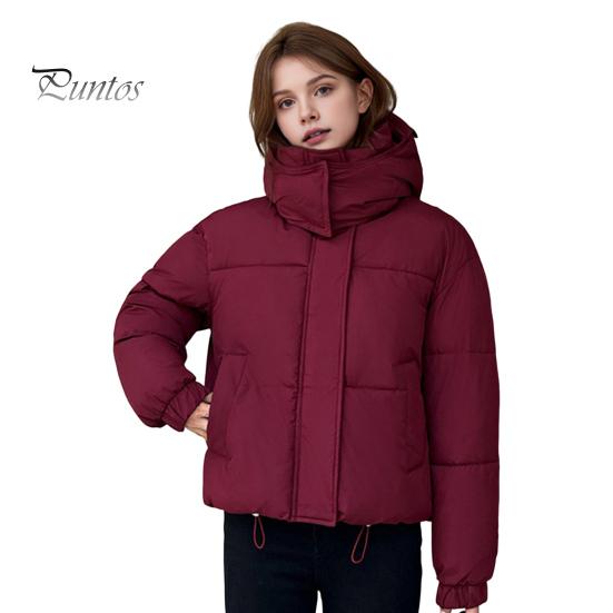 

Зимняя женская хлопковая куртка с воротником-стойкой и капюшоном, защита шеи, короткие карманы, застежка-молния, стеганое пальто, однотонная ветрозащитная верхняя одежда, парка M вино красного