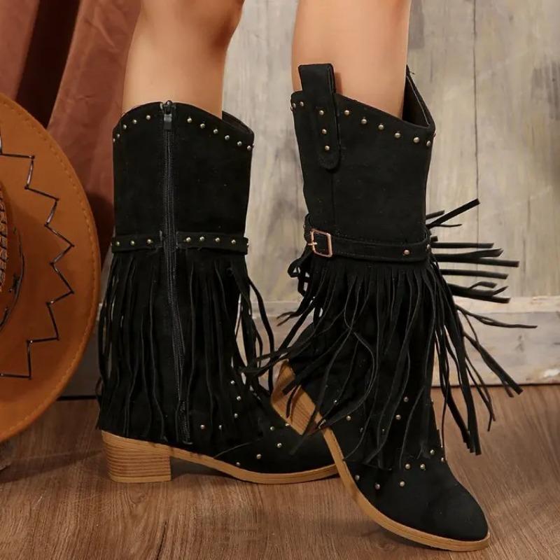 Autumn and Winter Women Pointed Toe Fringes Thick Heel High Boots Plus Size Fashion Retro Rivet Belt Buckle Zipper Mid-Calf Boot