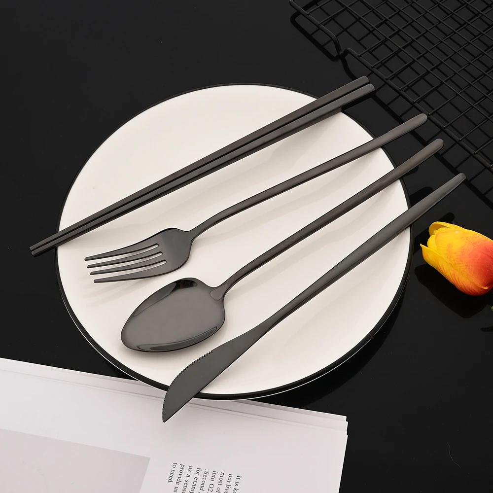 Silver Stainless Steel Flatware Cutlery Set Sushi Sticks Dinner Set 12Pcs Dinnerware Korean Chopsticks Fork Spoon Dinnerware