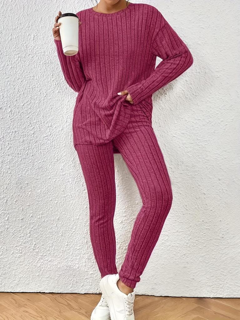 2025 Autumn Women's Fashion: European & American Casual Round Neck Ribbed Knit Suit - New Style, Loose Fit