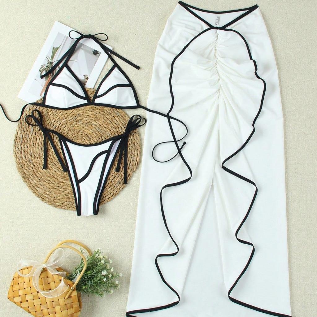 Women's Swimsuit Color-blocked Halter Neck Ruffle Slit Skirt Bikini Three-piece Set Beachwear Bathing Suits