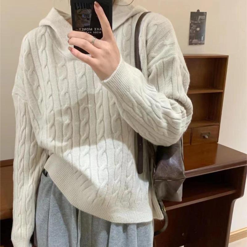 Autumn and winter new twist sweater women's hooded pullover retro lazy loose soft waxy knitted sweater sweater top women