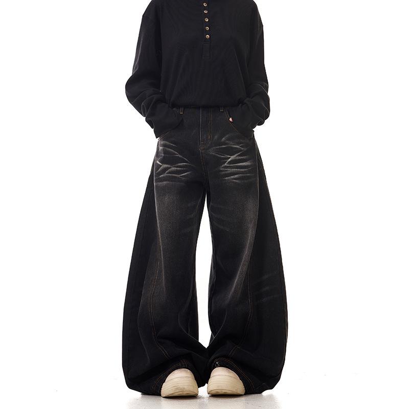 

Унисекс Американский Кэжуал Прямые Джинсы Деним Широкие Штанины Вываренные - Драпировка в Пол 3XL чёрный