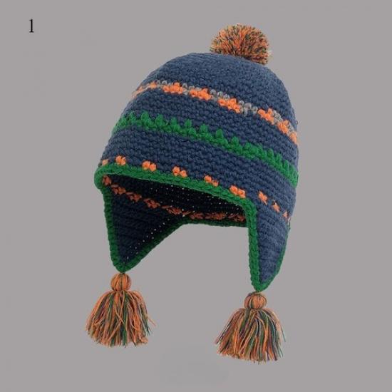 Women Tassel Knitted Hat Ethnic Crochet Ear Flap Cap Retro Warm Outdoor Winter 1