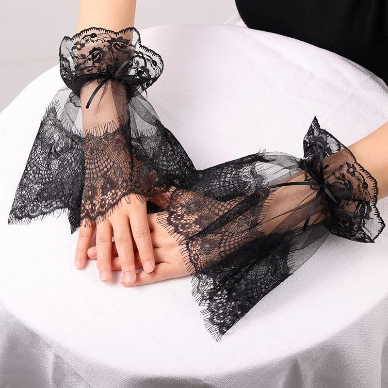 

Черное кружевное украшение, нарукавники, Лолита, тюль, сетка, ресницы, оборки, запястье, накладные манжеты, съемный расклешенный браслет, Хэллоуин, без пальцев