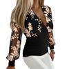 Women Lace Patchwork Long Sleeve Blouse Elegant Deep V Neck Slim Fit Pullover Top Office Lady Embroidery Floral Blouse