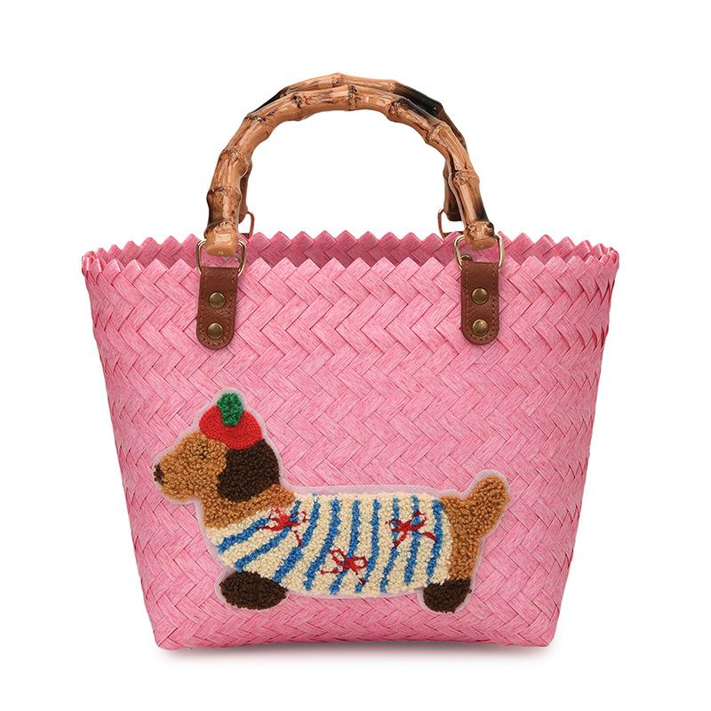 New Woven Niche Design Vegetable Basket Bag Retro Striped Dachshund Multi-color Commuting Large-capacity Handbag Bag