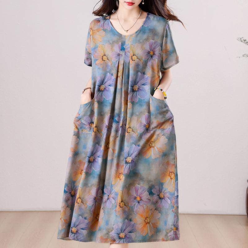 Übergröße, langes Sommerkleid mit Vintage-Druck für Damen, elegantes, kurzärmeliges, lockeres Sommerkleid in Übergröße