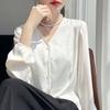 Korean Classic All Match Shirt V-neck Cardigan for Spring and Autumn New Long Sleeved Silk Shirt Loose Fashion Top