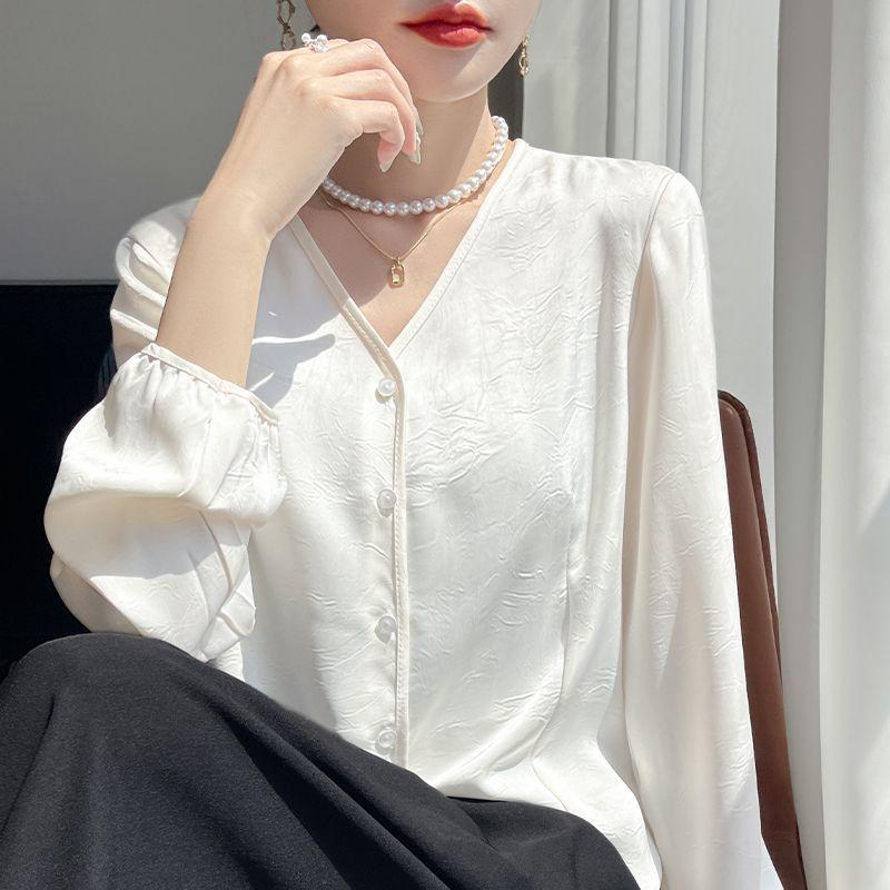 Korean Classic All Match Shirt V-neck Cardigan for Spring and Autumn New Long Sleeved Silk Shirt Loose Fashion Top