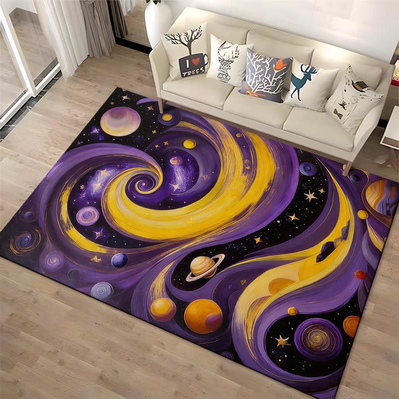 Galaxy-Inspired Rug with Golden Swirls, Planets, and Starry Sky Suitable for use as an anti-slip for living room bedroom sofas