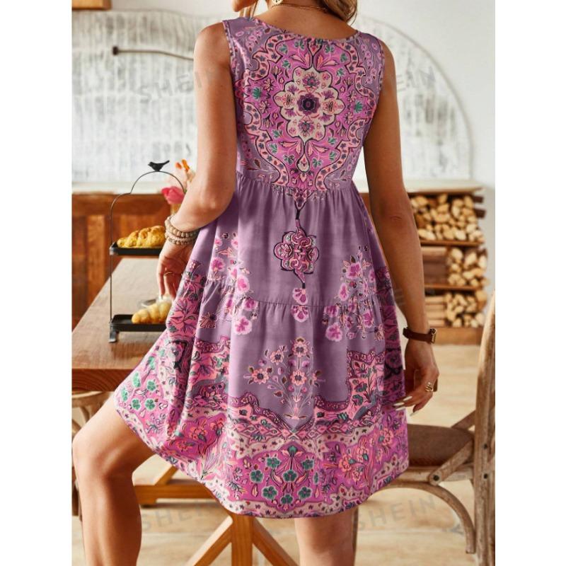Women's Fashion Summer Spring Flower Pattern Print Sleeveless V-Neck High Waist Casual Dresses