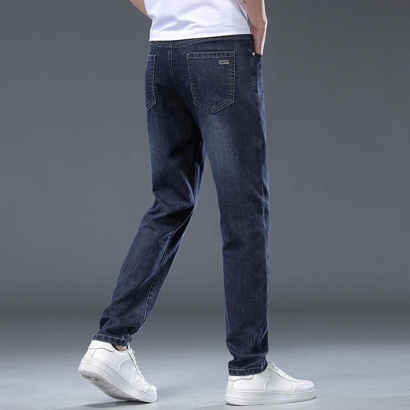 

2024 Лето Ice Silk Тонкие повседневные джинсы для мужчин, прямые облегающие эластичные длинные мужские брюки 38 темно-синий