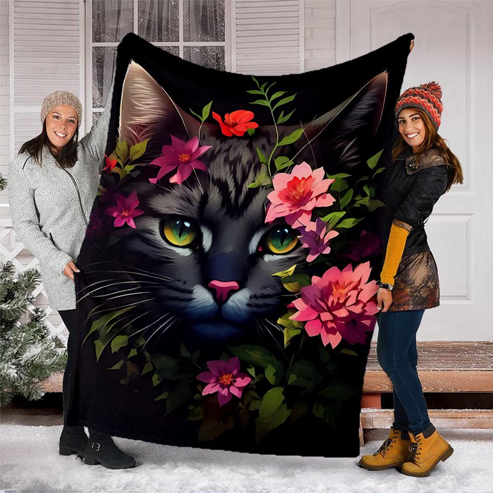 1pc Floral Cat Artwork Outdoor Soft Polyester Flannel Throw Blanket Versatile for All Seasons , Soft , Cozy , Warm All Season Quilted Throw ,