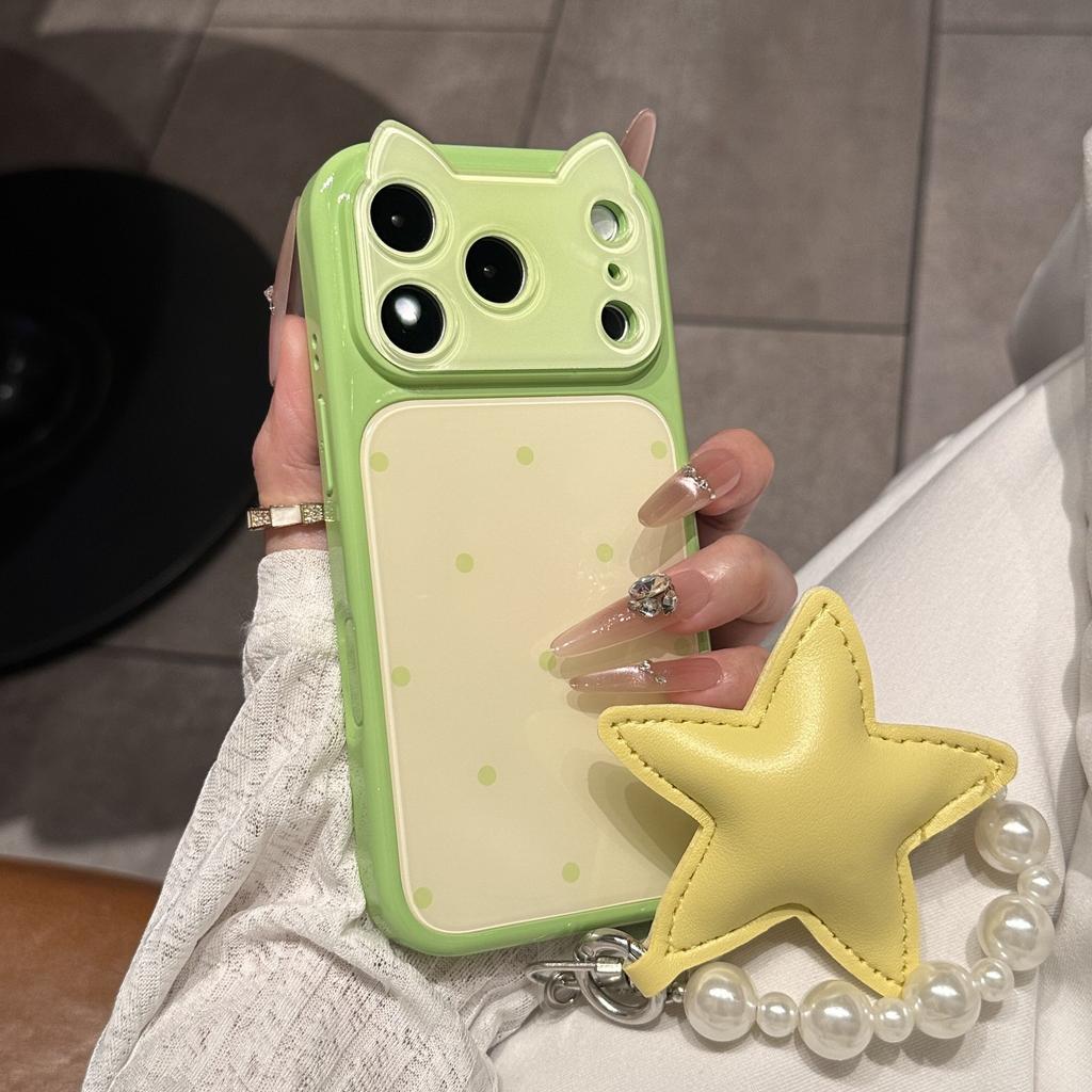 Girl powder is suitable for contrasting color polka dots Apple 17promax mobile phone case cat ears 14PM with lanyard iPhone16