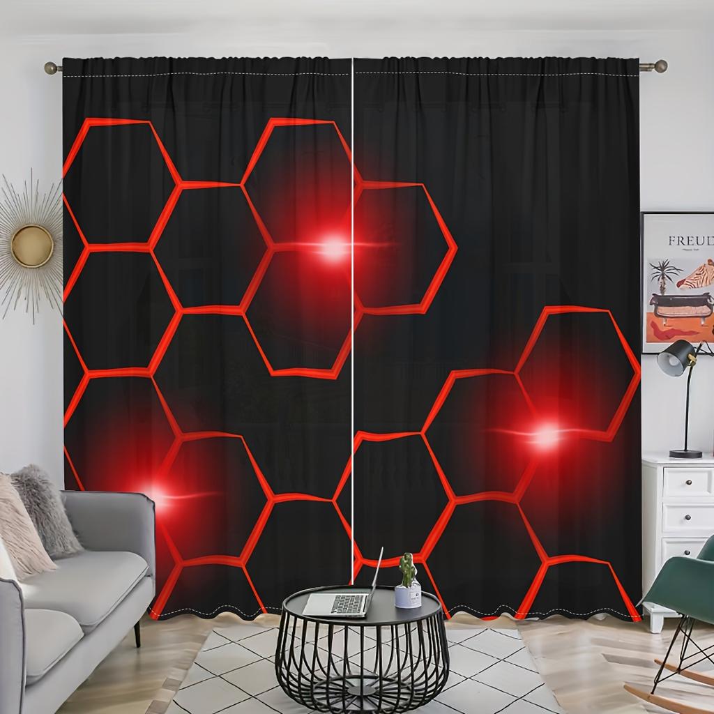 2pcs Futuristic Hexagon Pattern Printed Curtains, Digital Print Drapes Polyester for Living Room, Bedroom, Kitchen, Home Decor