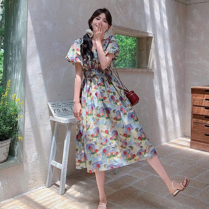 French Retro Floral Puff Sleeve Dress - Summer 2025 Waist-Slimming Holiday Beach Style