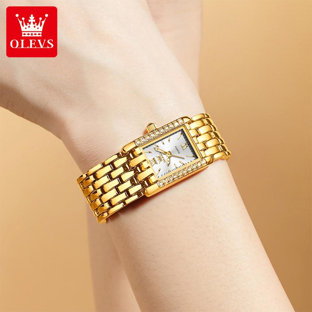 OLEVS Fashion Women's Watches Rectangular Dial Gold Stainless Steel Strap Quartz Watch Luxury Diamond Watch