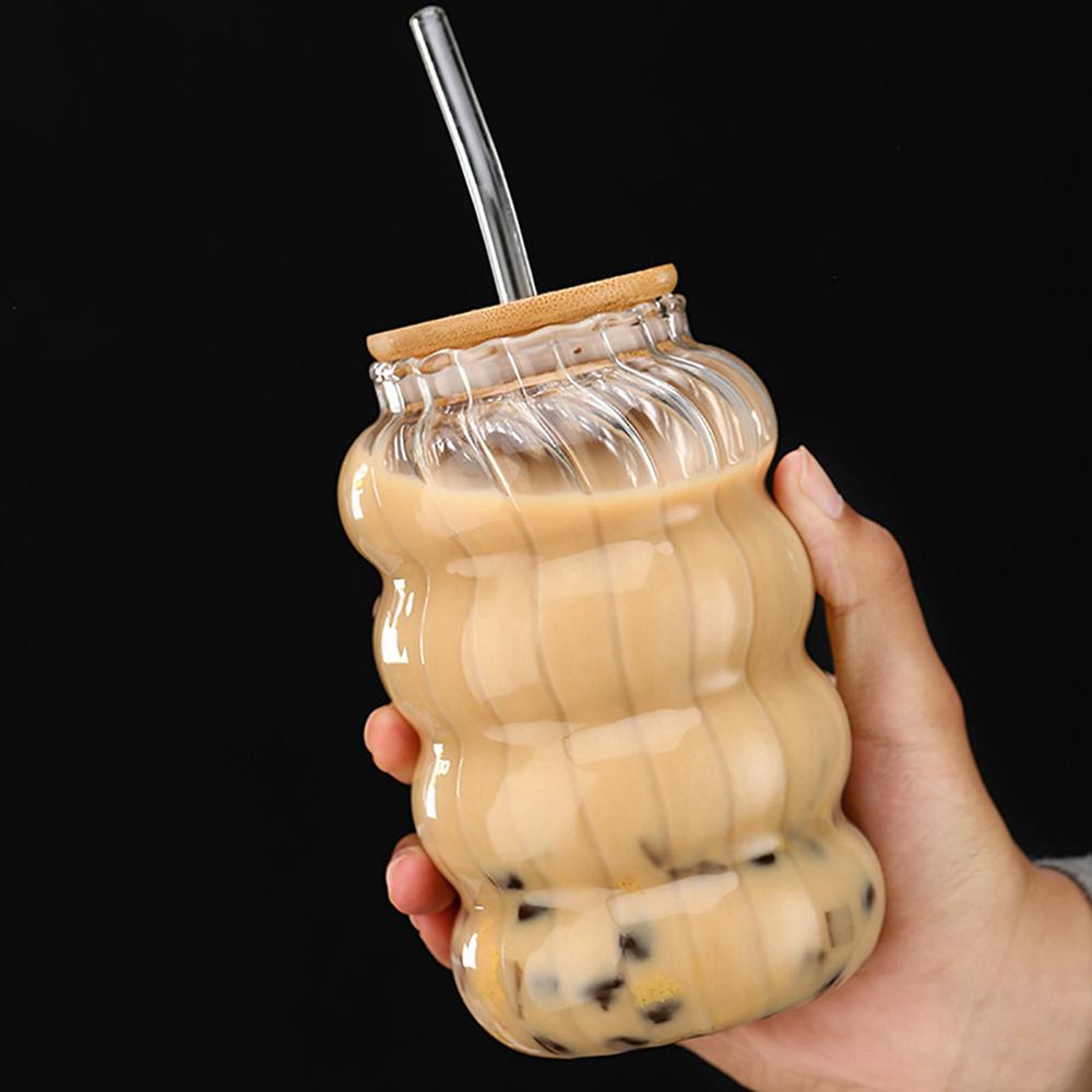 Glass Cup Straw Cup with Lid Striped Glasses Water Cup Coffee Cup Milk Cup