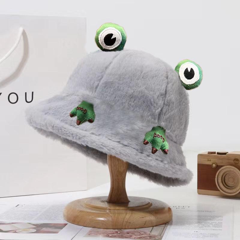Women's Fashion Autumn and Winter Thicken Warm Rabbit Fur Hat Student Girl's Cute Korean Style Cartoon Frog Bucket Hat