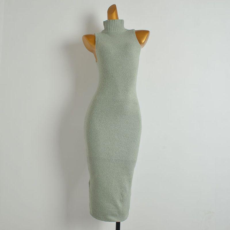 Fashion Style Fall and Winter New High Neck Sleeveless Knitting Dress Women's Tight Waist Slim Looking Overknee Sweater Vest Dress