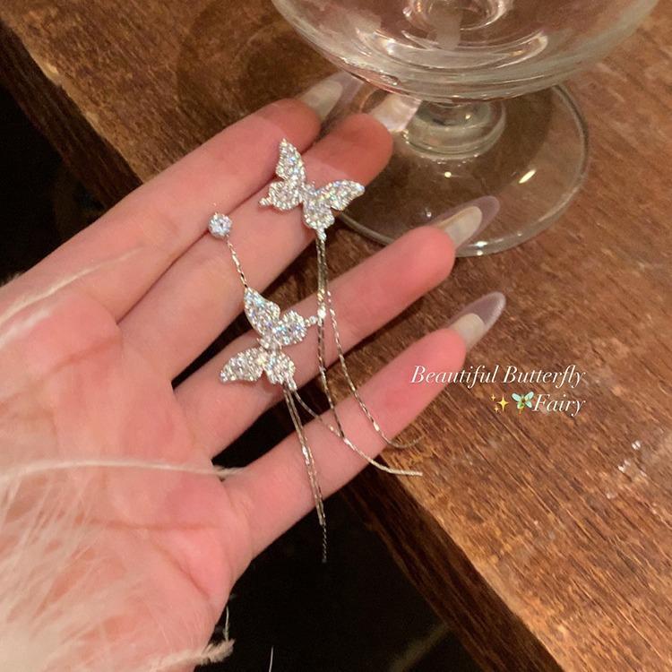 Flash diamond butterfly fringed earrings femininity Internet celebrity long stud earrings New ear