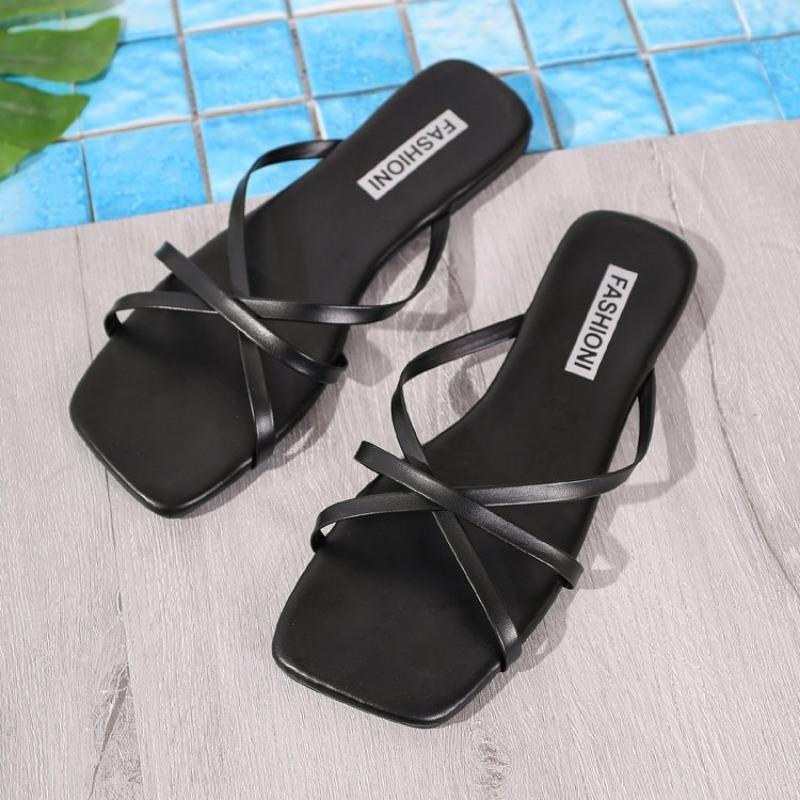 

Модные женские повседневные шлепанцы на плоской подошве 2025 Лето Новые Пляжные с открытым носком Вьетнамки Женские Слингбэки Обувь с открытым носком Слайды Zapatos De Mujer 36 чёрный