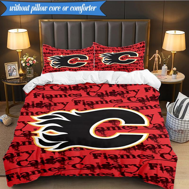 3PCS Flames Hockey Team Logo Bedding Set,Including 1pc Duvet Cover And 2pcs Pillowcases Perfect for Bedroom, Dormitory, Fan Christmas gift