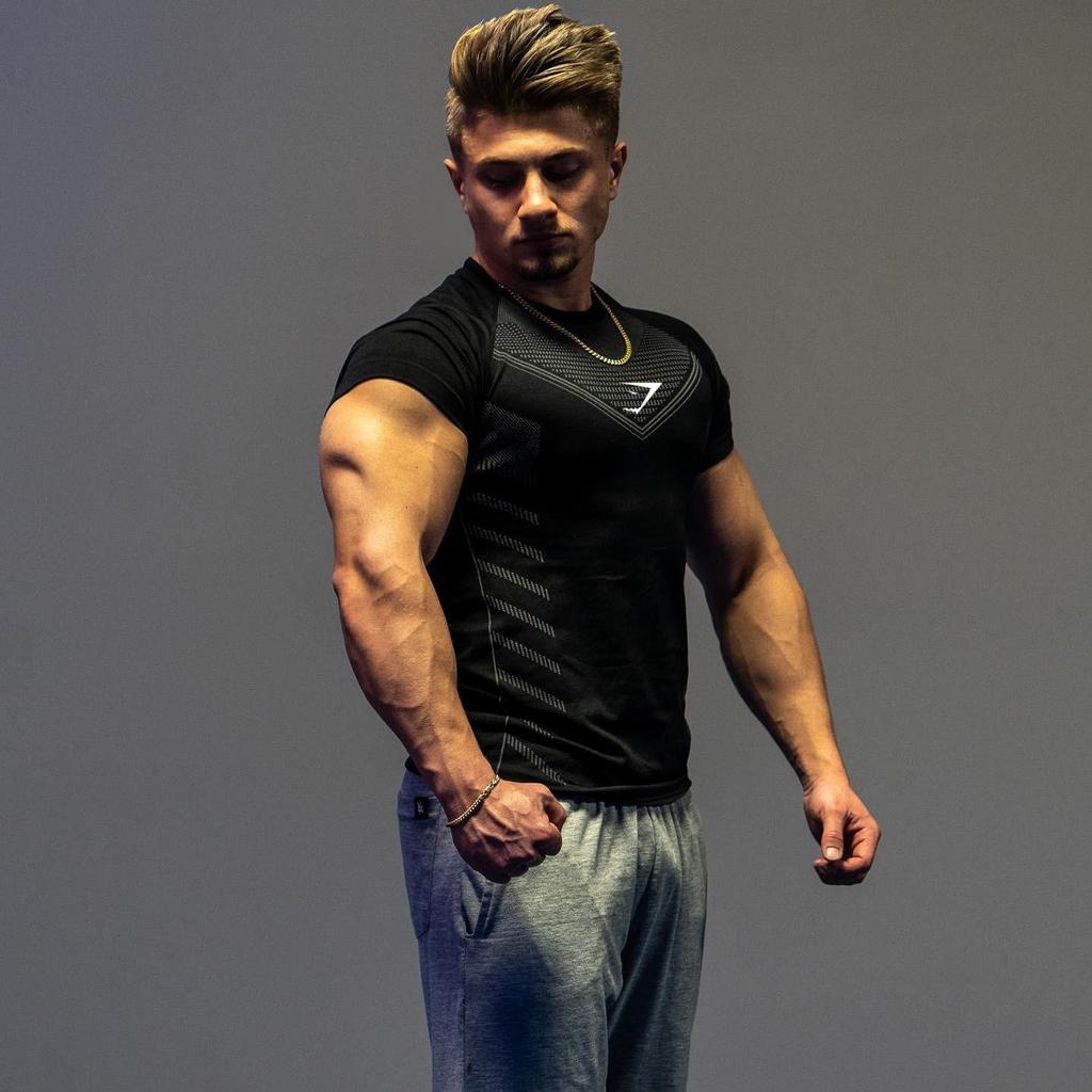 European Men's Cross-Border High Elastic Fitness Bodysuit - Short Sleeve Sports T-Shirt