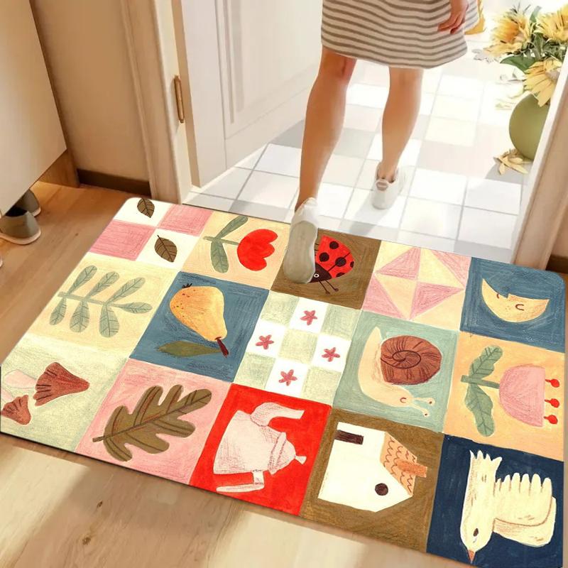 Abstract Geometry Cartoon Printed Carpet Retro Floral Plant Mat Living Room Bedroom Artistic Decoration Carpet