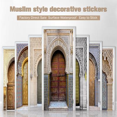 2 pz/set Musulmano Islam Stile Retro Porta Arte Murale Adesivo Corridoio Armadio Pittura Decorativa Peel & Stick Carta da parati impermeabile