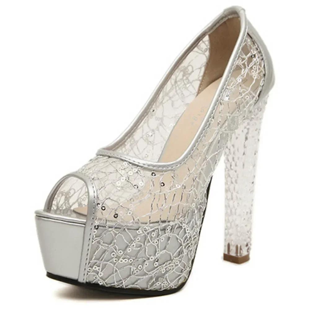 Fish Mouth Sandals New Fashion Summer Transparent Women Thick High Heel Crystal Shoes