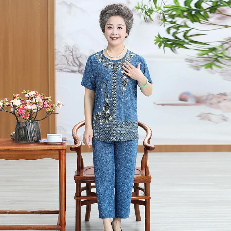 Ice Silk Women's Short Sleeve T-Shirt & Pants Set for Seniors