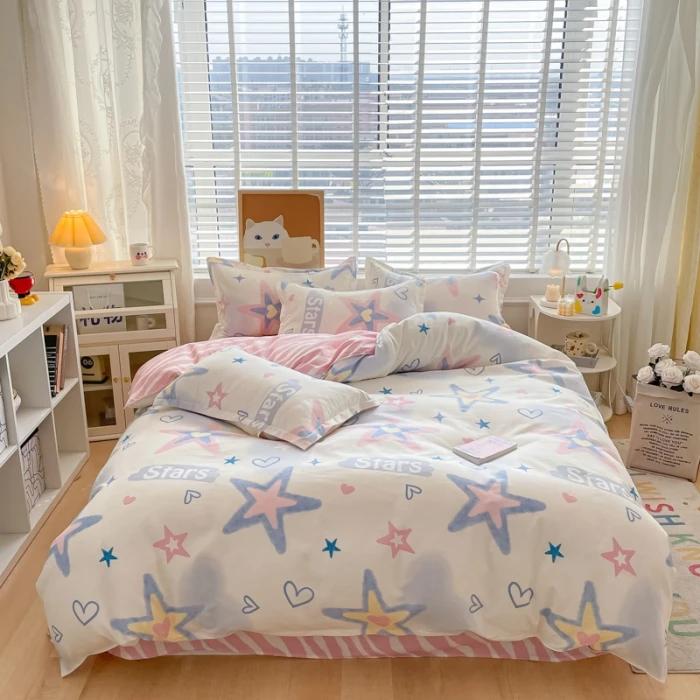 small fresh pure cotton abraded four-piece set, skin-friendly bed sheet washed cotton quilt cover, dormitory three-piece set