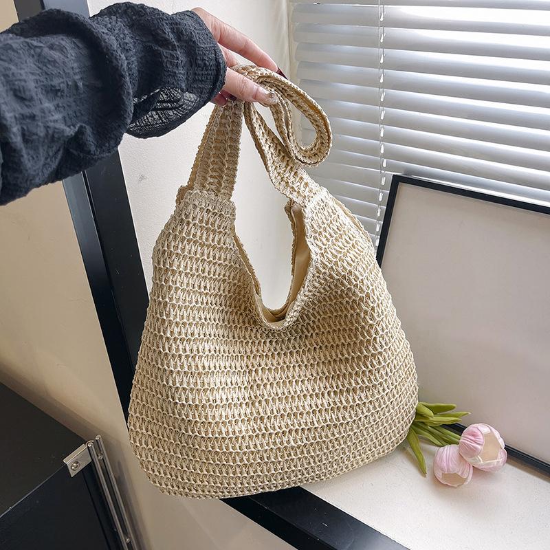 Solid Color Woven Tote Bag Hollow Out Breathable Shopping Straw Bag Lightweight Summer Beach Handbag For Women AVE
